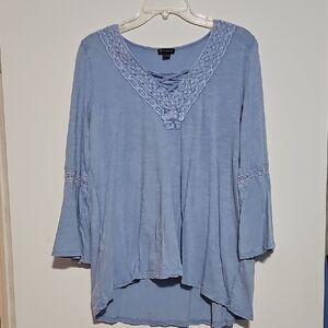 New Directions Light Blue Blouse with Crochet Trim Bell Sleeve Sz Large UNC